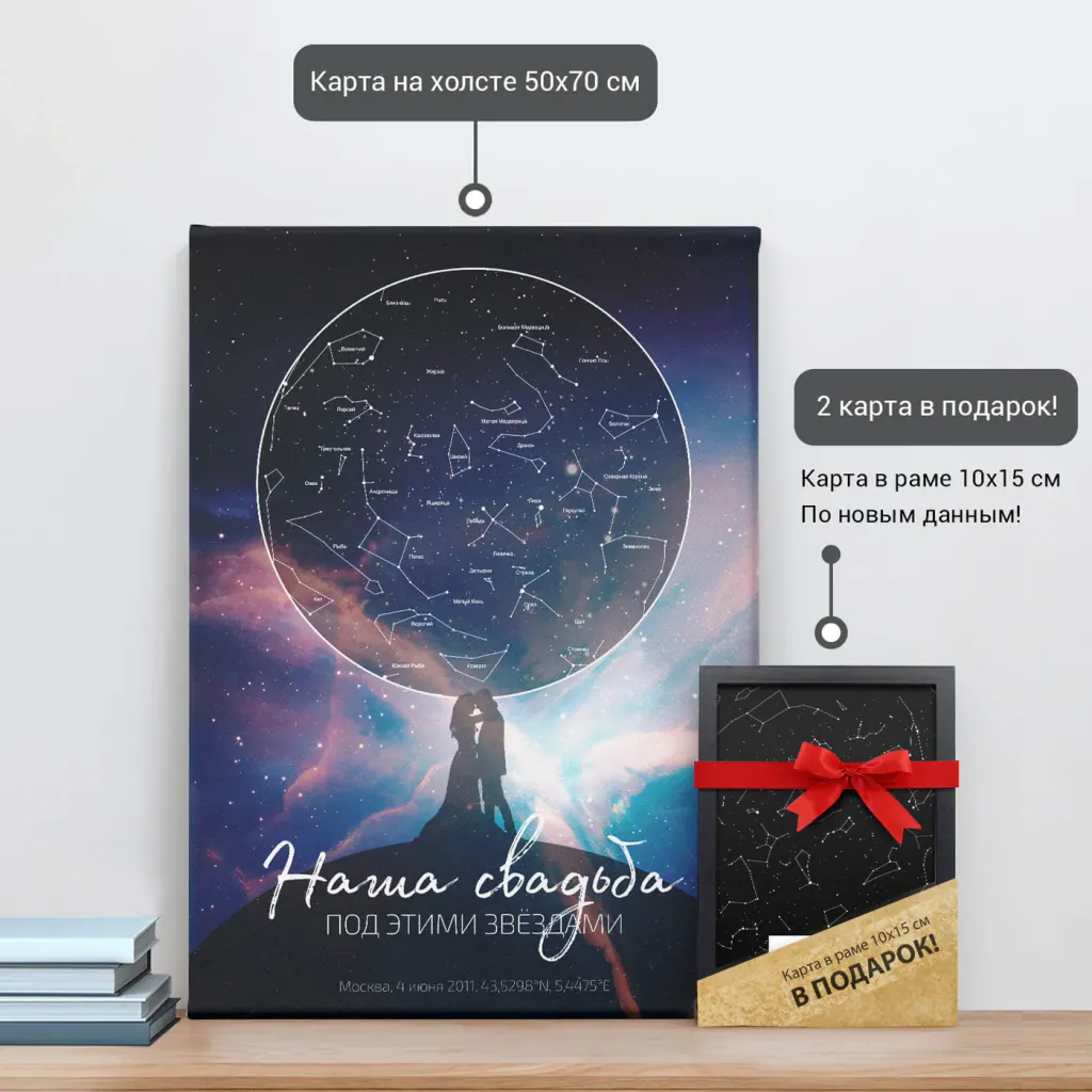Звёздная карта «Аврора 4» на холсте 50×70 см и подарочная карта 10×15 см