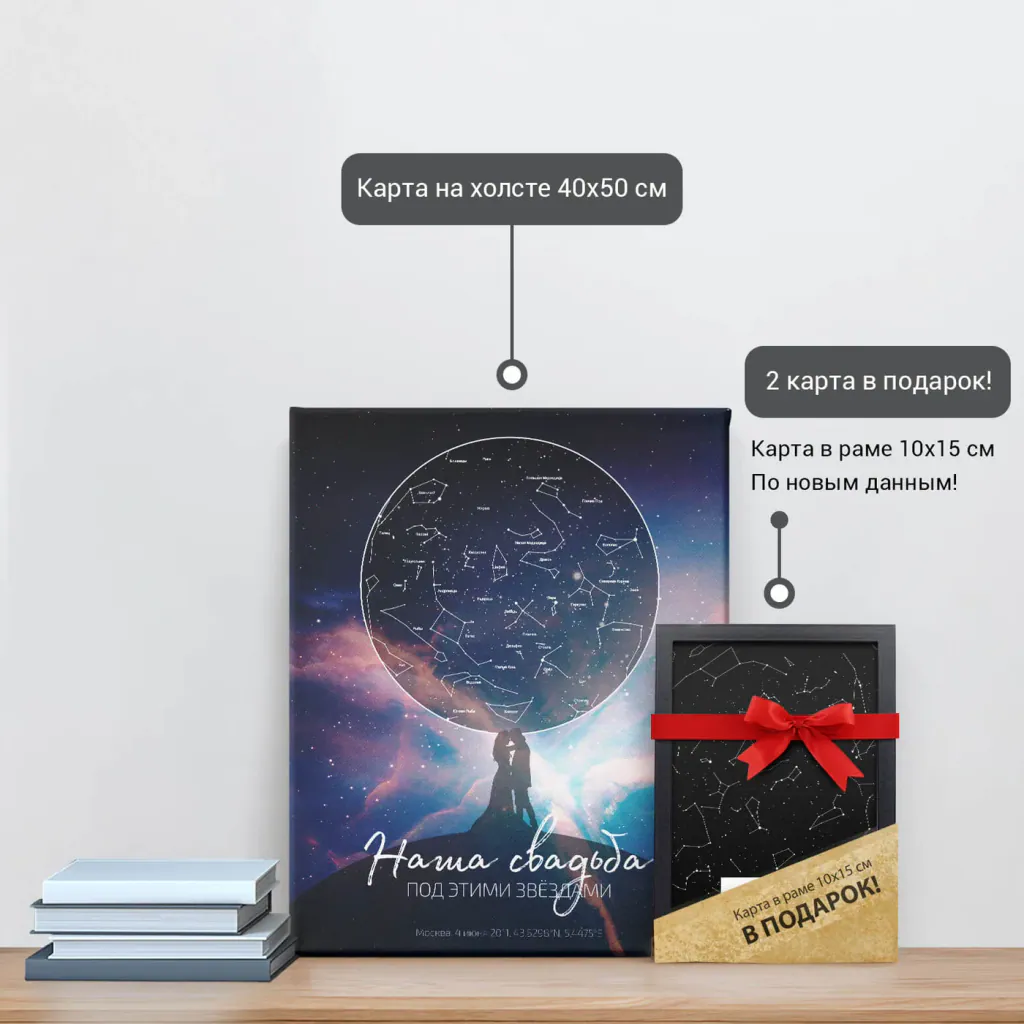 Звёздная карта «Аврора 4» на холсте 40×50 см и подарочная карта 10×15 см