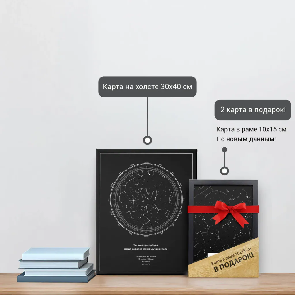 Звёздная карта «Компас на чёрном» на холсте 30×40 см и подарочная карта 10×15 см