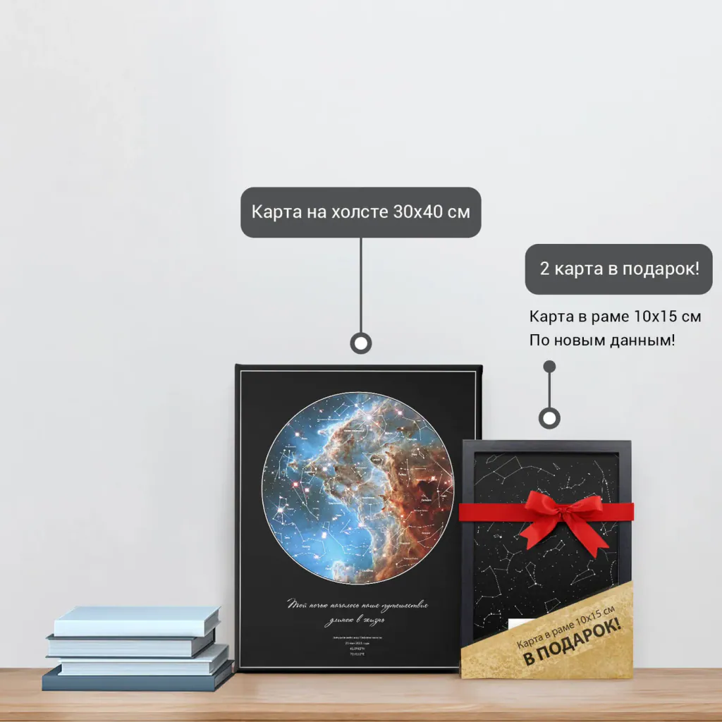 Звёздная карта «Лазурь» на холсте 30×40 см и подарочная карта 10×15 см