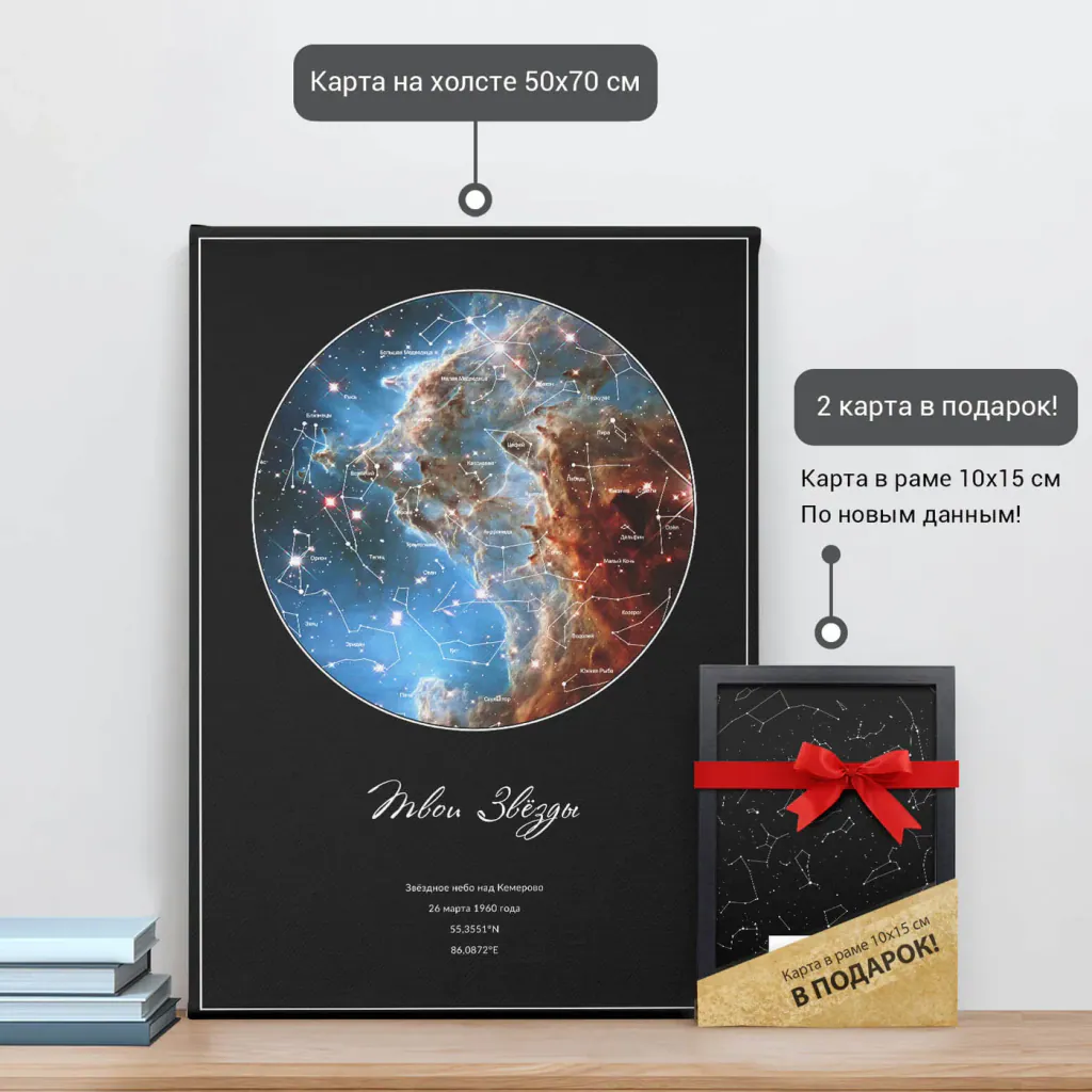 Звёздная карта «Лазурь» на холсте 50×70 см и подарочная карта 10×15 см