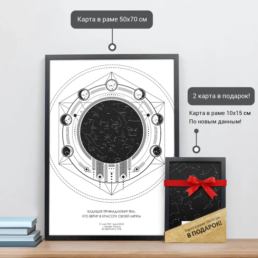 Звёздная карта «Ловец снов на белом» в раме 50×70 см и подарочная карта 10×15 см
