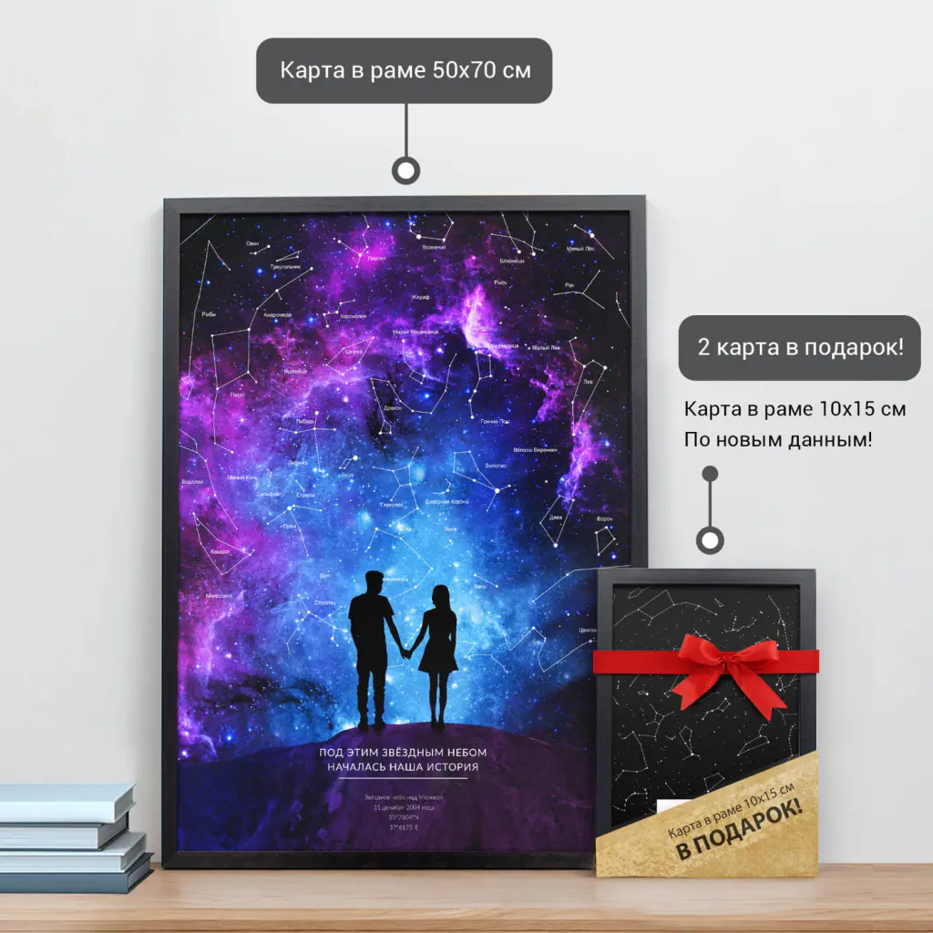 Звёздная карта «Навсегда» в раме 50×70 см и подарочная карта 10×15 см
