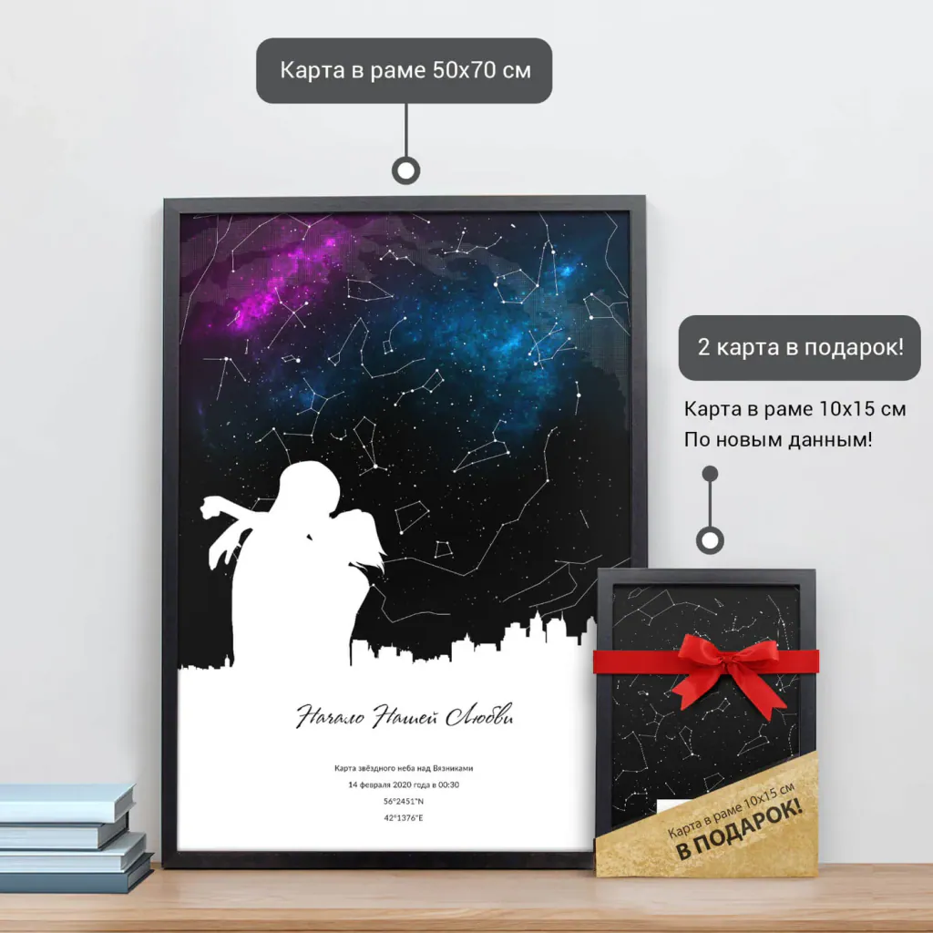 Звёздная карта «Поцелуй» в раме 50×70 см и подарочная карта 10×15 см