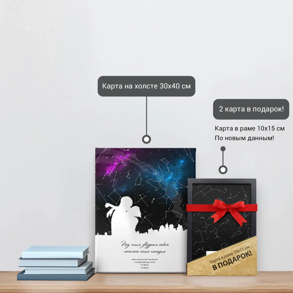 Звёздная карта «Поцелуй» на холсте 30×40 см и подарочная карта 10×15 см