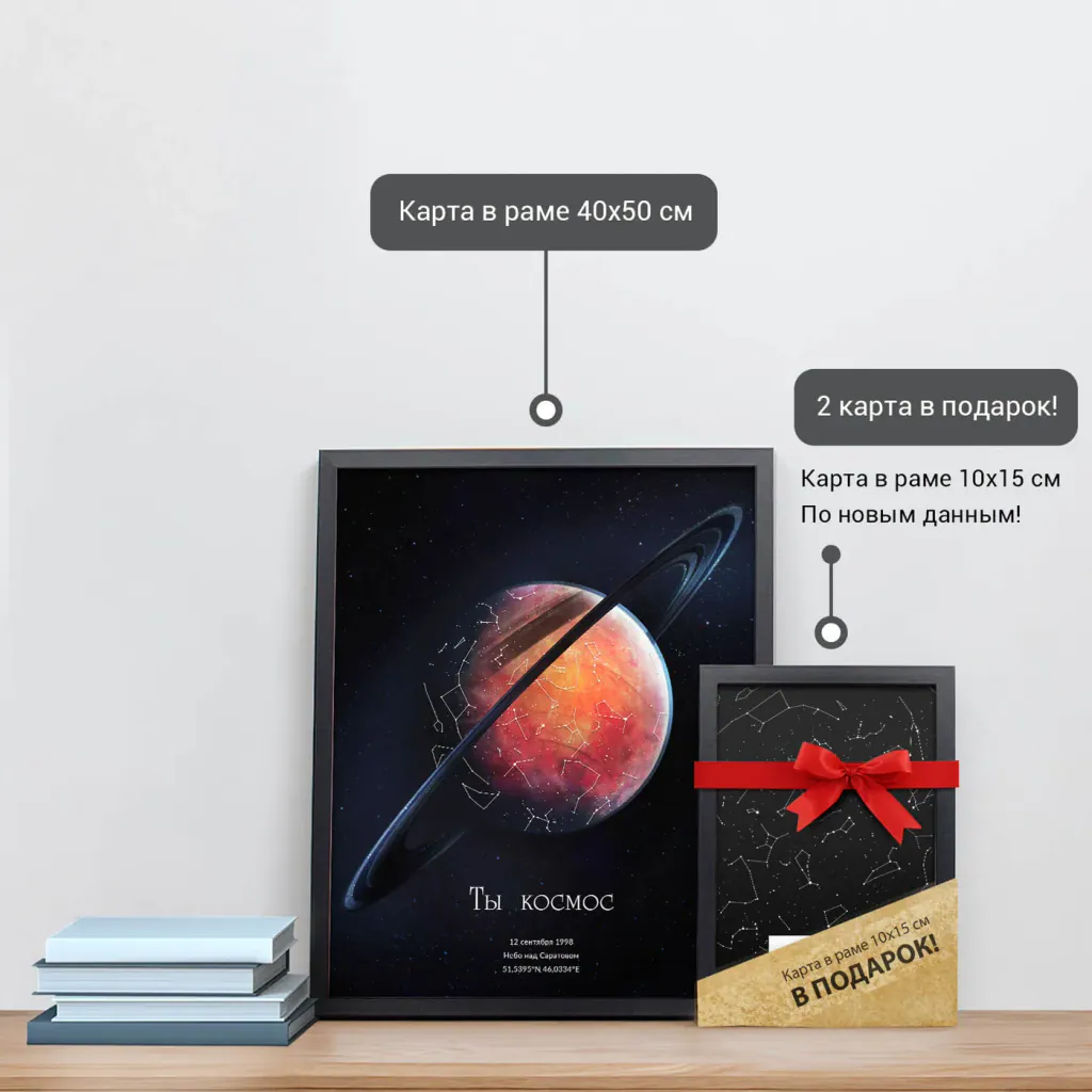 Звёздная карта «Сатурн» в раме 40×50 см и подарочная карта 10×15 см
