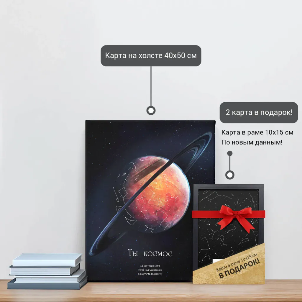 Звёздная карта «Сатурн» на холсте 40×50 см и подарочная карта 10×15 см