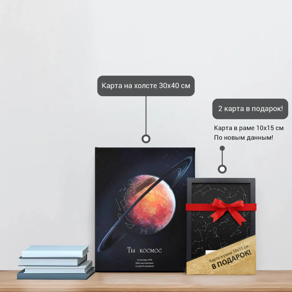 Звёздная карта «Сатурн» на холсте 30×40 см и подарочная карта 10×15 см