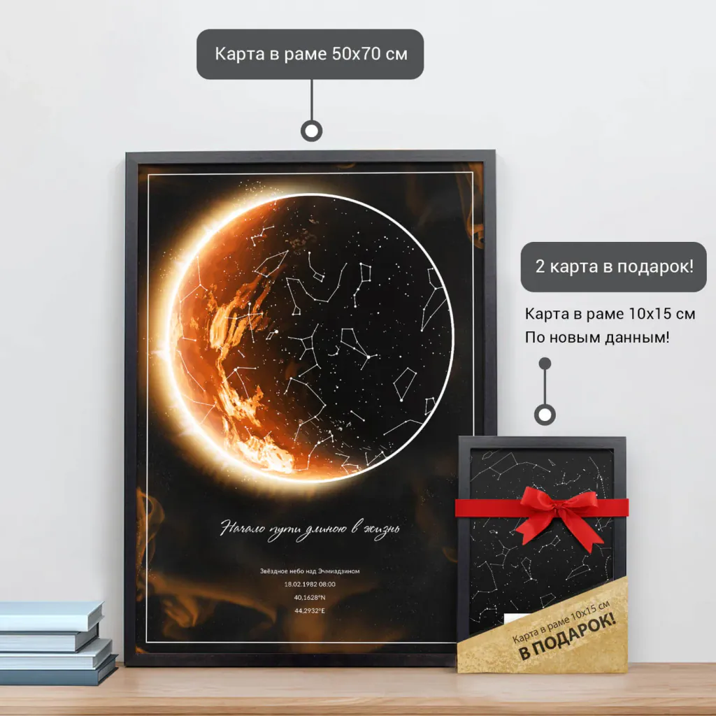 Звёздная карта «Солнце» в раме 50×70 см и подарочная карта 10×15 см