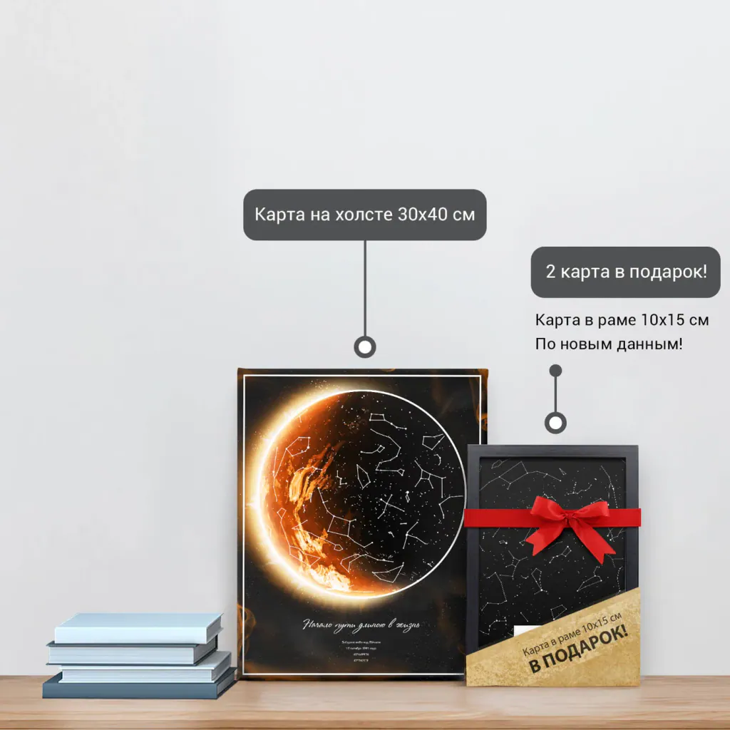 Звёздная карта «Солнце» на холсте 30×40 см и подарочная карта 10×15 см