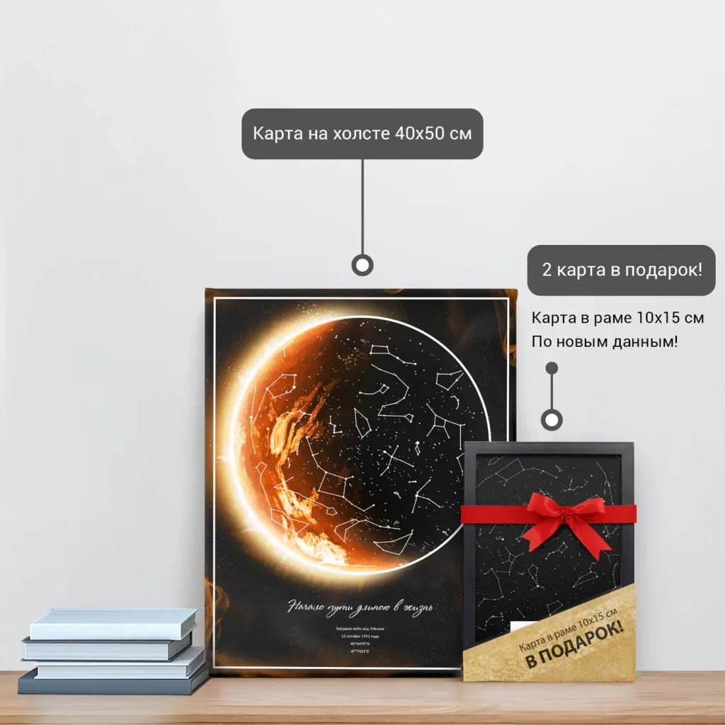 Звёздная карта «Солнце» на холсте 40×50 см и подарочная карта 10×15 см