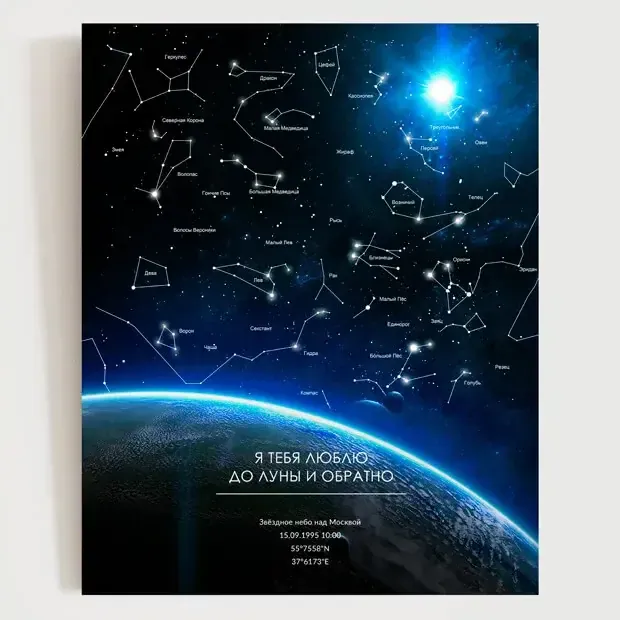 Звёздная карта «Спутник» в раме 50×70 см и подарочная карта 10×15 см