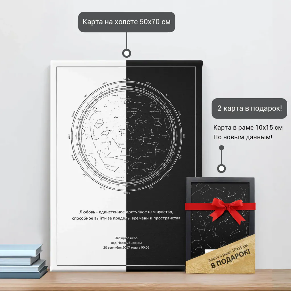 Звёздная карта «Инь и Ян» на холсте 50×70 см и подарочная карта 10×15 см
