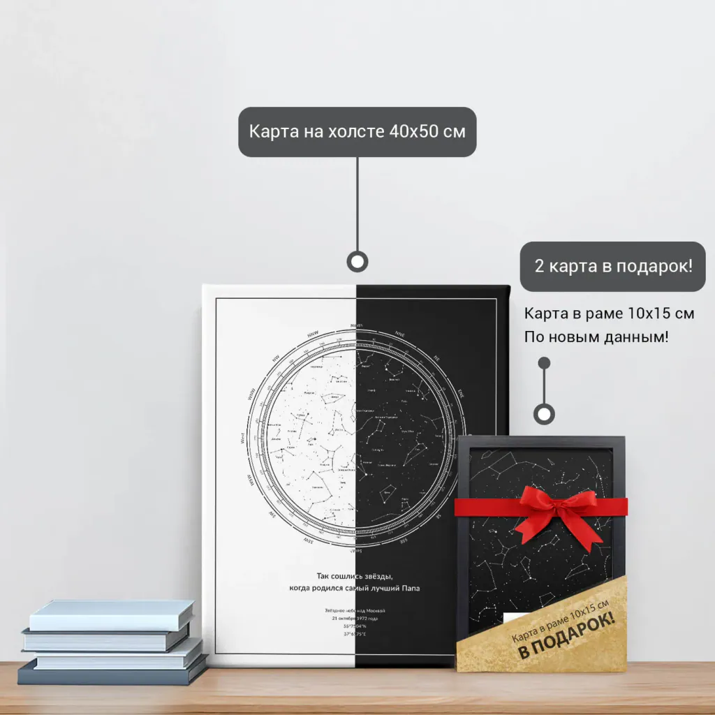 Звёздная карта «Инь и Ян» на холсте 40×50 см и подарочная карта 10×15 см
